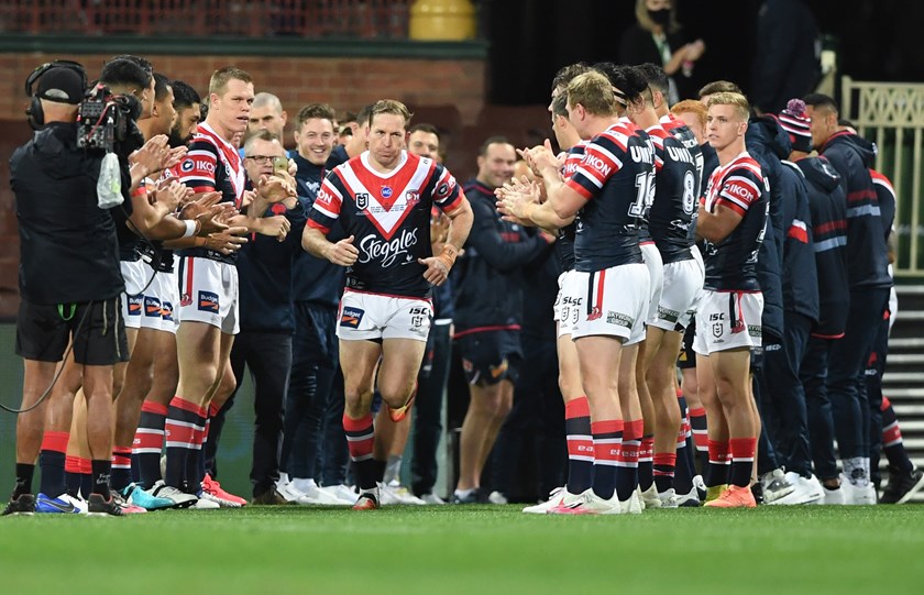 Aubusson running out for his 303rd Roosters match