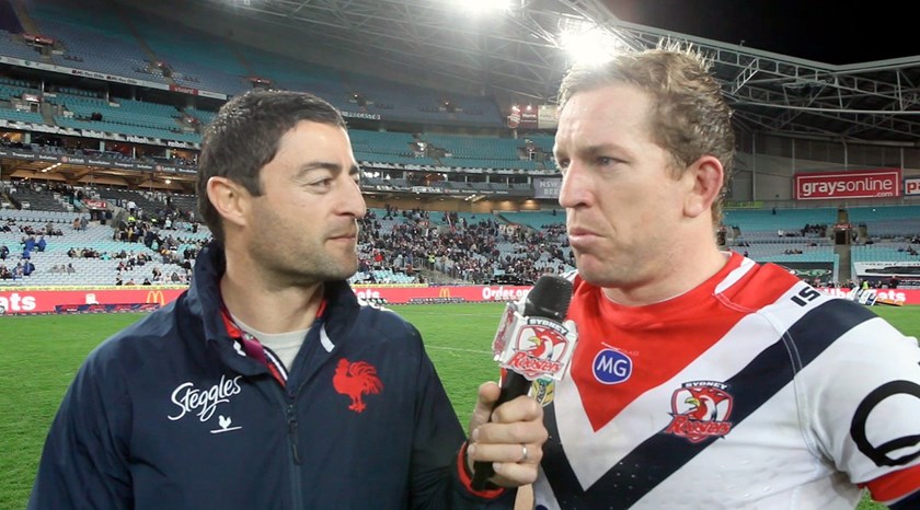 Anthony Minichiello interviews Mitchell Aubusson in 2018 after his side claimed the Minor Premiership against the Eels.